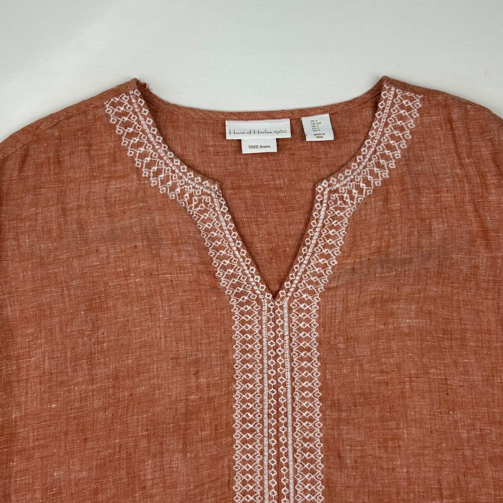 House of Harlow 1960 Womens Rust Orange 100% Linen Embroidered V-Neck Top Small - Picture 2 of 7